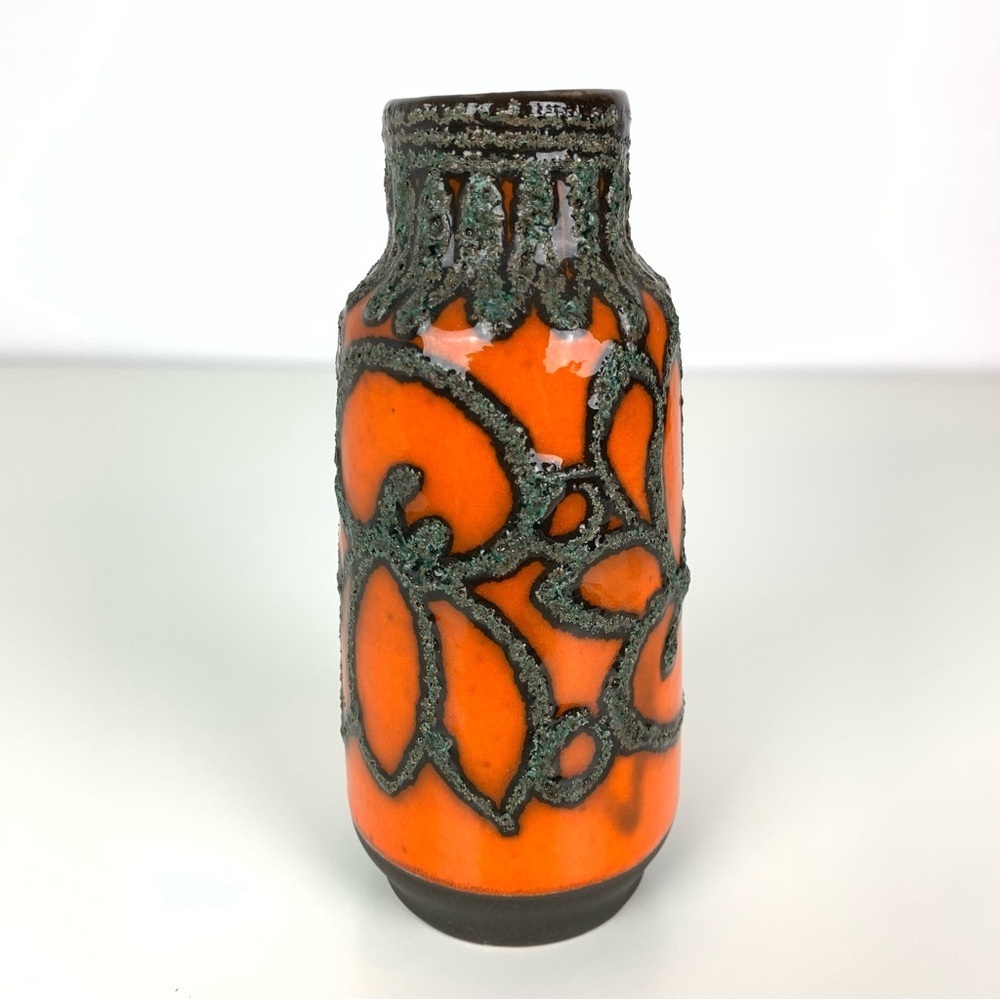 Strehla Vase Fat Lava Gray Orange Vtg Stamped Germany German Pottery MCM Vibrant